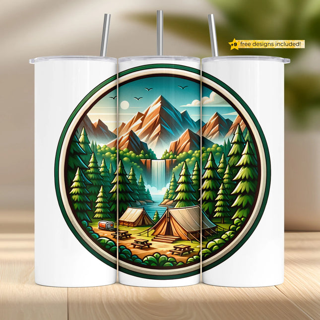 Buy camping scenic tumbler png for sublimation – mountain forest wrap digital download