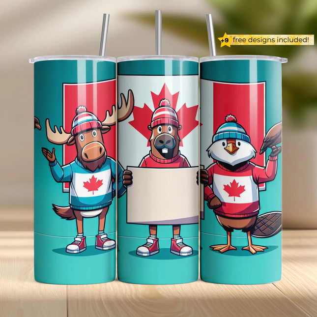 Moose, beaver, and eagle in maple sweaters – patriotic sublimation PNG for tumblers.
