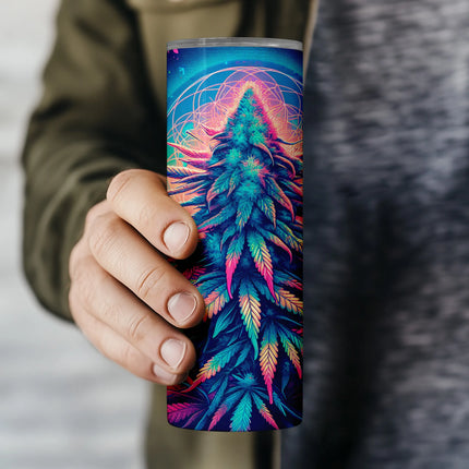 Digital PNG with psychedelic cannabis design and rainbow leaf burst, ideal for lifestyle and 4/20 tumbler crafts.