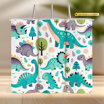 Cute cartoon dinosaur tumbler wrap PNG featuring playful prehistoric characters in vibrant colors.