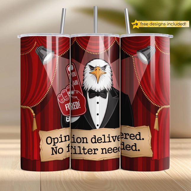 three coffee mugs with a picture of an eagle in a tuxedo