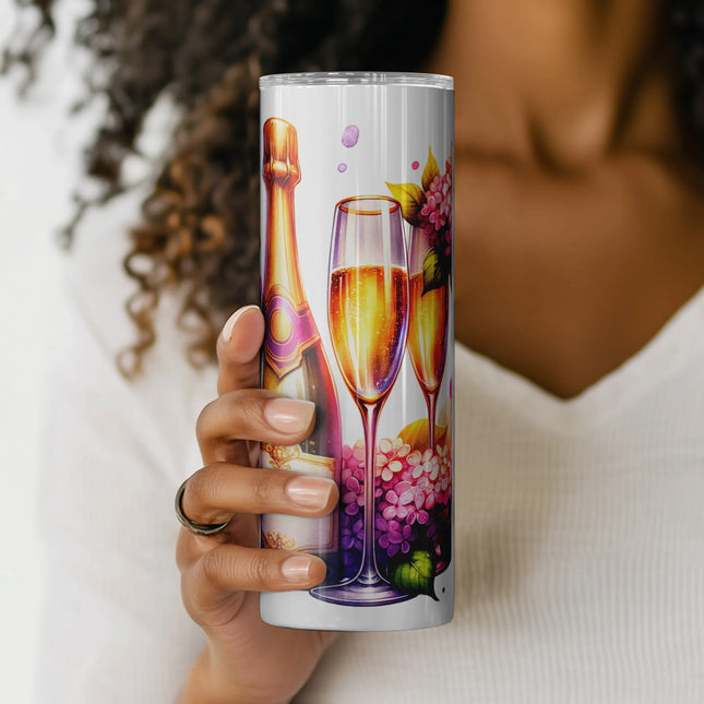 Sublimation design with watercolor lilac bouquet, elegant champagne set, and celebration theme.