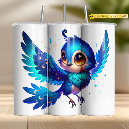 Buy tumbler png for sublimation – glowing bluebird with stars and moons design for fantasy drinkware