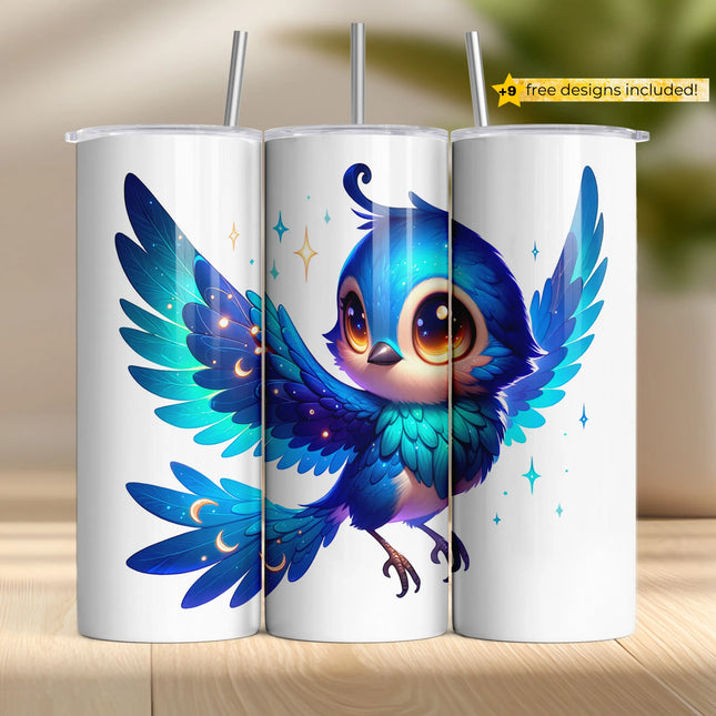 Buy tumbler png for sublimation – glowing bluebird with stars and moons design for fantasy drinkware