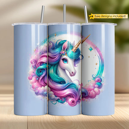 Sparkling unicorn with rainbow hair and starlit clouds for magical sublimation tumbler crafts.
