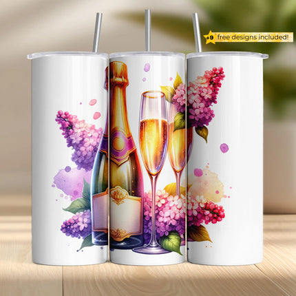 Sublimation tumbler wrap featuring golden champagne bottle and glasses surrounded by lilac florals.