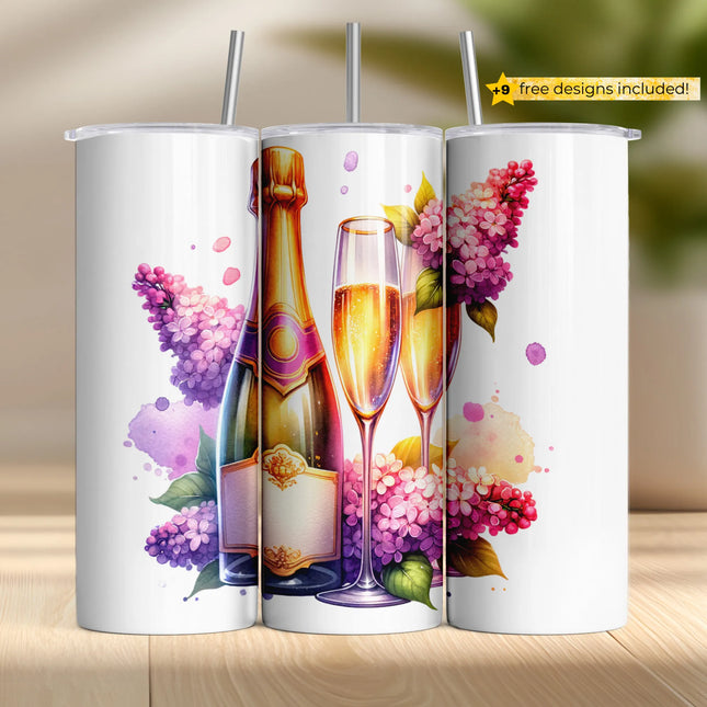 Sublimation tumbler wrap featuring golden champagne bottle and glasses surrounded by lilac florals.