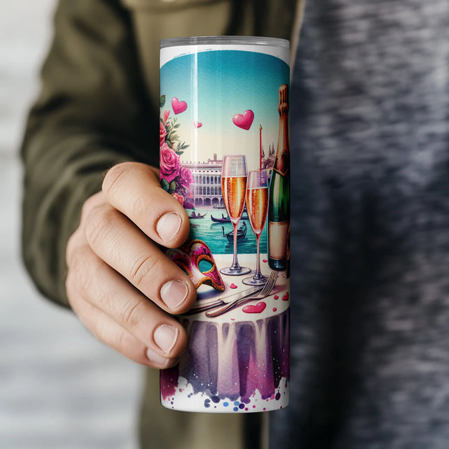 Digital wrap design with pink and gold accents, Venetian architecture, and romantic wedding imagery.