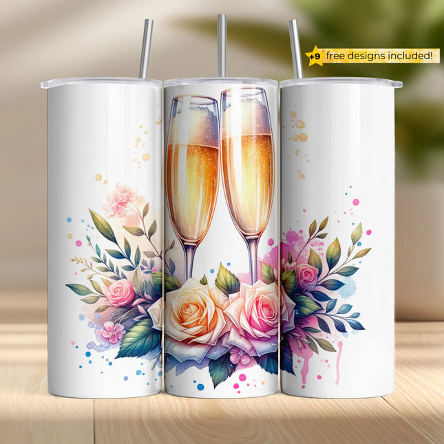 Elegant tumbler wrap PNG featuring champagne glasses and watercolor roses – perfect for wedding and anniversary gifts.