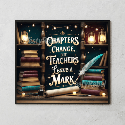 Elegant tumbler design with glowing lights, stacked books, and “Chapters Change” quote.