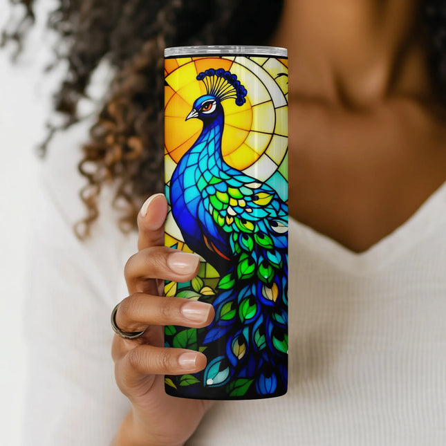 Cheap tumbler png with boho flair – stained glass peacock sublimation design perfect for drinkware and clipart bundle use