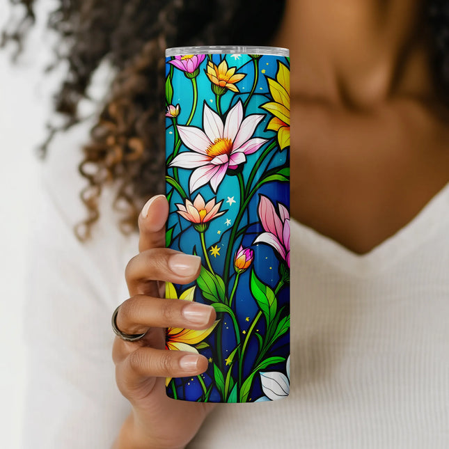 Cheap tumbler png wrap with stained glass florals – great sublimation design for clipart bundle and wall art lovers