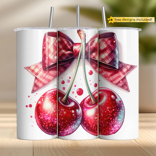Sparkling cherries tied with a pink bow – sublimation PNG for glam tumbler crafts.