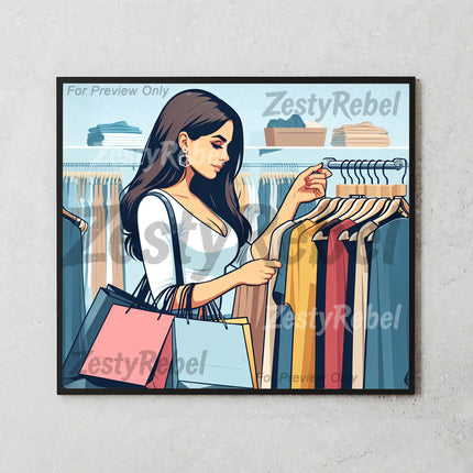 20oz sublimation design showing a trendy woman browsing clothing racks, perfect for boutique lovers.