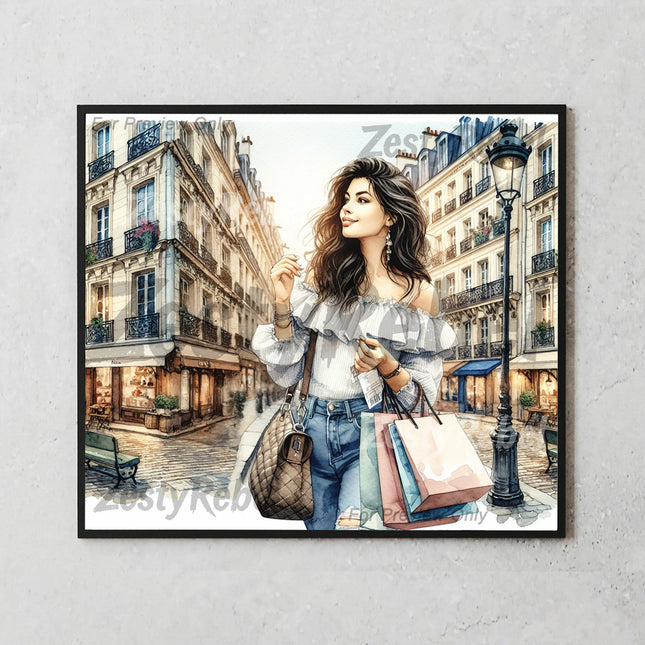 Elegant 20oz tumbler wrap featuring a stylish woman shopping in a watercolor European street scene.