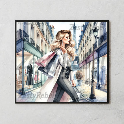 20oz sublimation wrap featuring a stylish woman, shopping bags, and Eiffel Tower in watercolor city scene.
