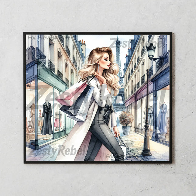 20oz sublimation wrap featuring a stylish woman, shopping bags, and Eiffel Tower in watercolor city scene.