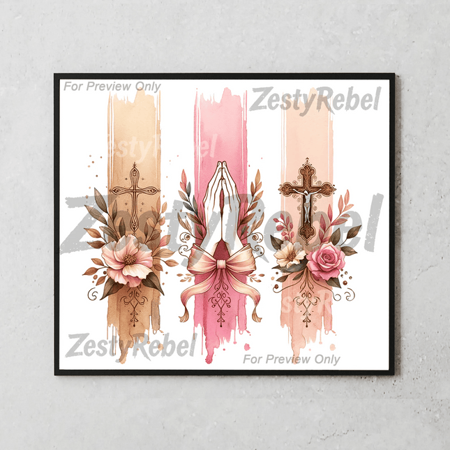 Mockup of 20oz skinny tumbler with Christian prayer theme – hands in prayer and floral cross design for sublimation or print on demand gifts.