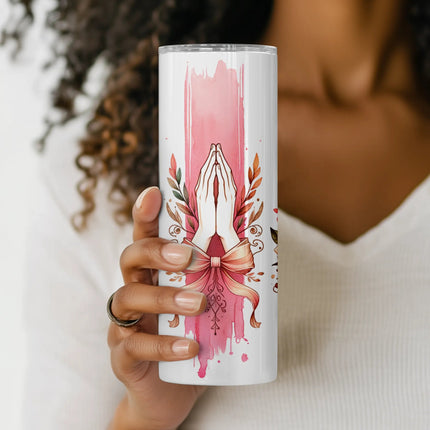 Flat PNG preview of faith-based tumbler wrap with flowers, bows, and prayer symbols – ideal for digital download and crafting.