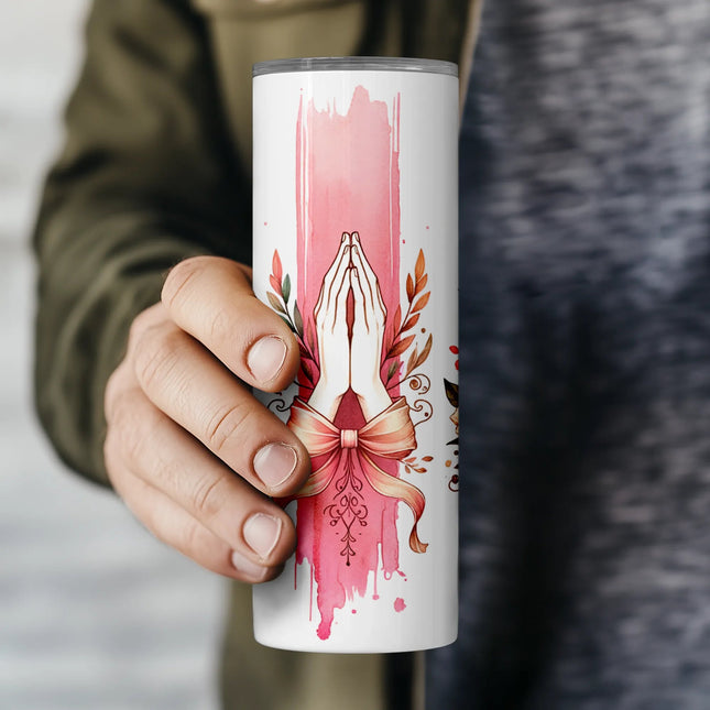 Close-up view of praying hands and intricate crosses on watercolor tumbler wrap – inspirational PNG file for religious DIY crafts.