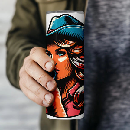 Artistic PNG design featuring coffee-loving cowgirl with bold vintage colors