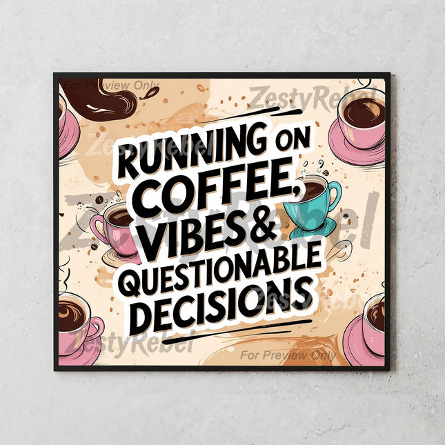 Mockup of a 20oz skinny tumbler featuring vintage coffee sublimation wrap with humorous text.