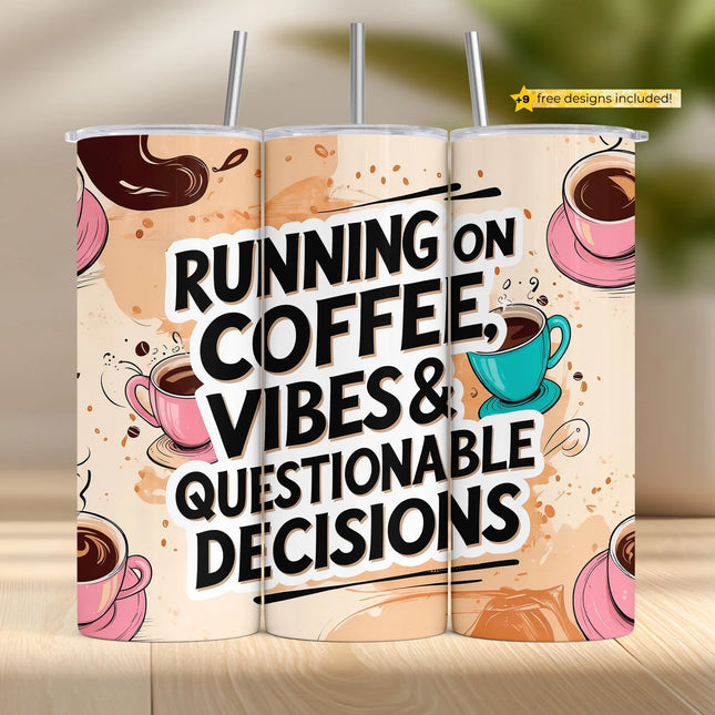 Vintage coffee quote tumbler wrap design with seamless retro doodles and café-themed elements.