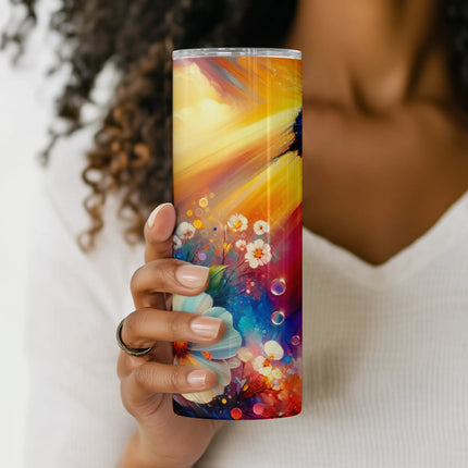 Bright, painterly sublimation tumbler design with floral blooms and a flying butterfly in vivid rainbow hues.