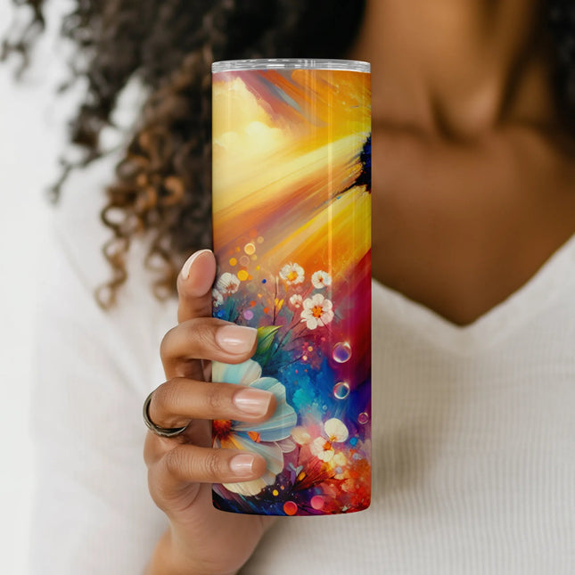 Bright, painterly sublimation tumbler design with floral blooms and a flying butterfly in vivid rainbow hues.