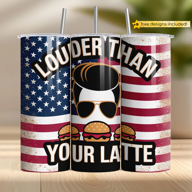 Patriotic tumbler wrap PNG with bold text, burgers, and distressed American flag – perfect for political crafts.