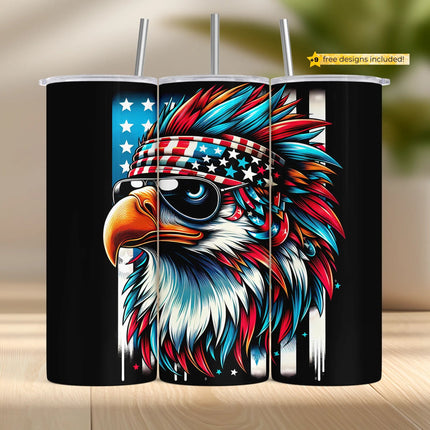 Bald eagle in sunglasses and patriotic headband on a black background for 20oz sublimation.