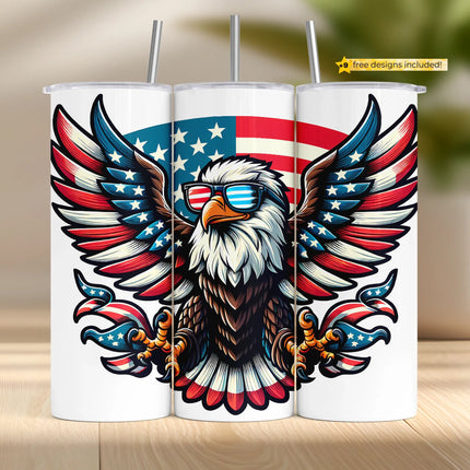 Patriotic tumbler sublimation wrap PNG featuring bold eagle with USA sunglasses and wings – digital download for DIY crafts and POD.