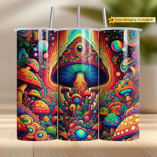 Neon mushroom galaxy design with psychedelic space and planets for 20oz tumbler crafting.