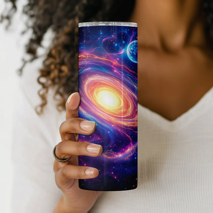 Cosmic nebula-themed PNG wrap for tumblers with electric galaxy colors and glowing stars.