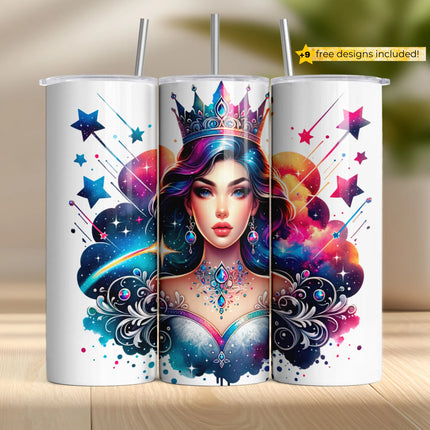 Tumbler wrap featuring radiant crowned queen with jeweled necklace and galaxy backdrop for sublimation crafting.