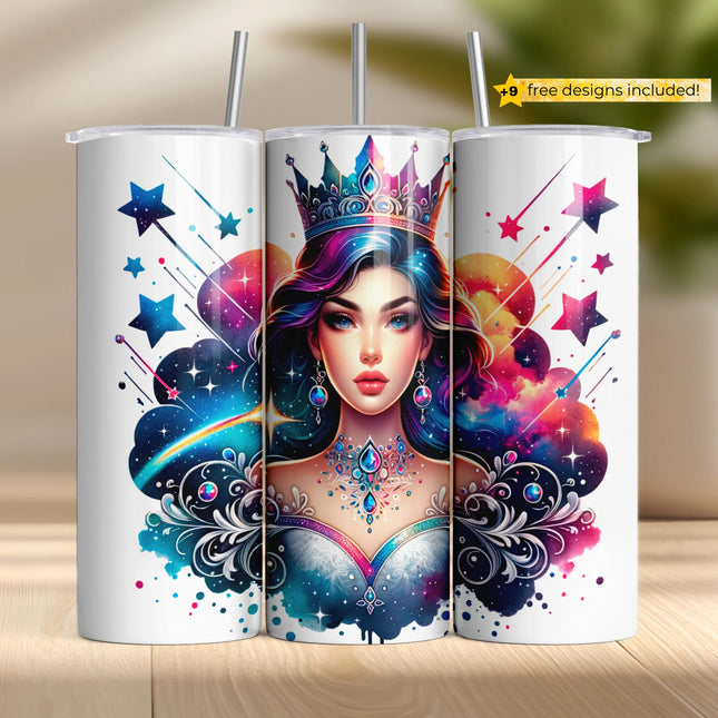 Tumbler wrap featuring radiant crowned queen with jeweled necklace and galaxy backdrop for sublimation crafting.