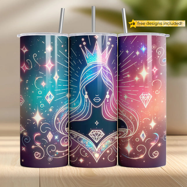 Buy tumbler png for sublimation – radiant queen design with diamonds, crown, and galaxy sparkle