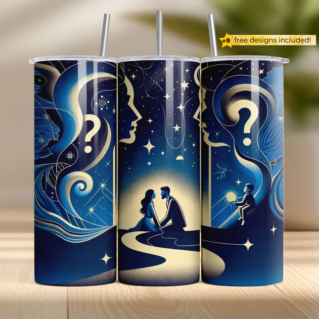 Romantic starry night tumbler wrap with two soulmates under constellations.
