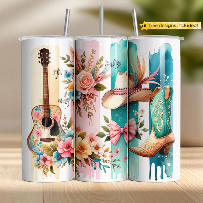 Sublimation tumbler wrap featuring country guitar, cowgirl boot, pink bow, and soft watercolor flowers.