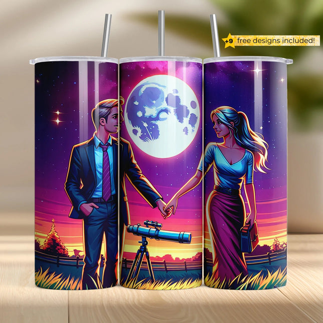 Romantic couple under a glowing moon with telescope – perfect for love-themed tumbler designs.