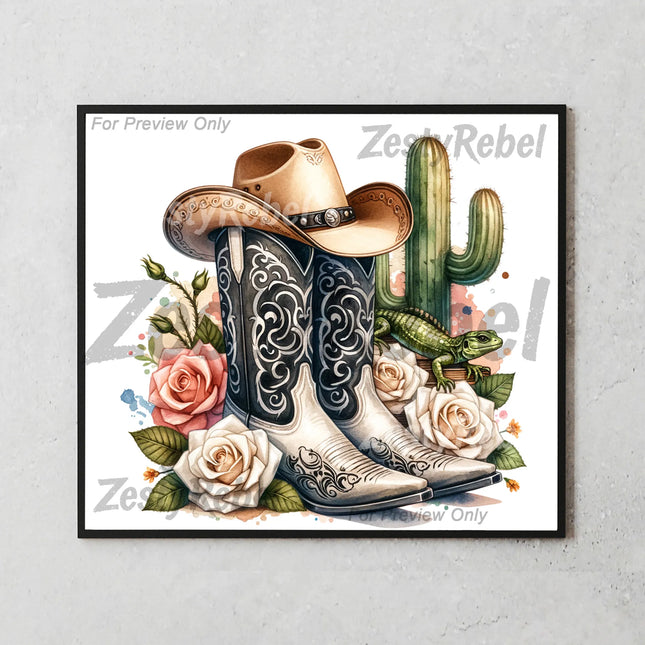 Digital PNG design with cowboy hat, lizard, and floral cactus scene – ideal for 20oz tumbler sublimation projects.