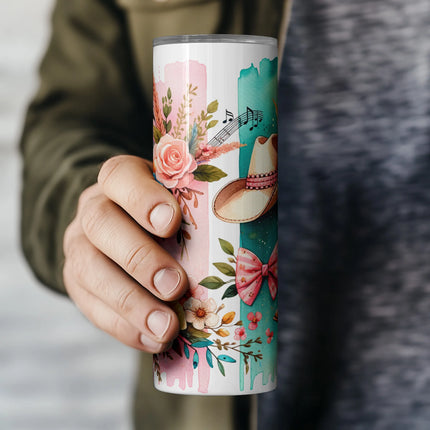 High-res PNG with teal western boot, music notes, hat and florals – perfect for rustic tumbler projects.