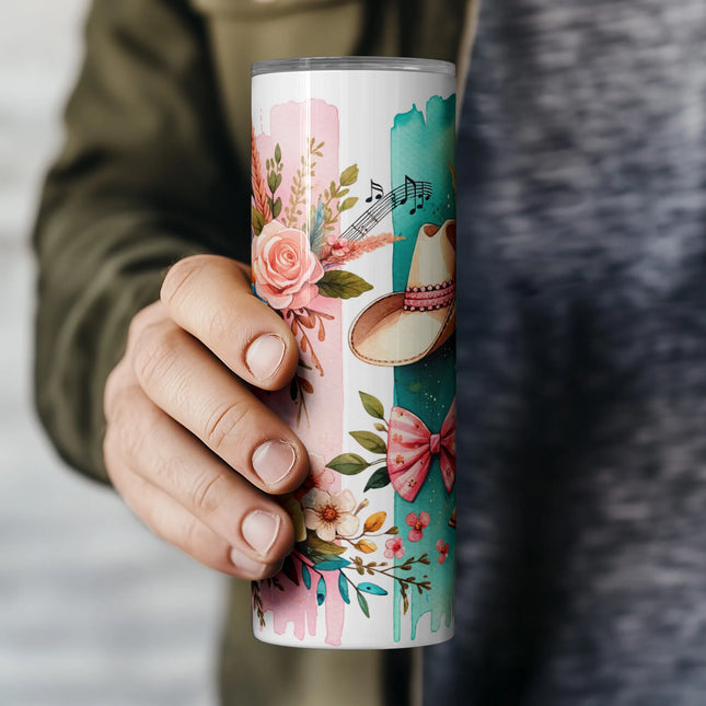 High-res PNG with teal western boot, music notes, hat and florals – perfect for rustic tumbler projects.