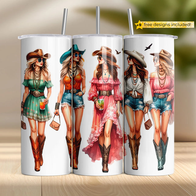 Buy tumbler png for sublimation – western bachelorette wrap with cowgirl boots, dresses, and sunglasses