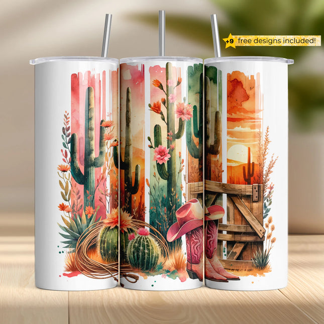 Western sublimation wrap PNG featuring blooming desert cacti, cowgirl boots, and hat at golden hour.