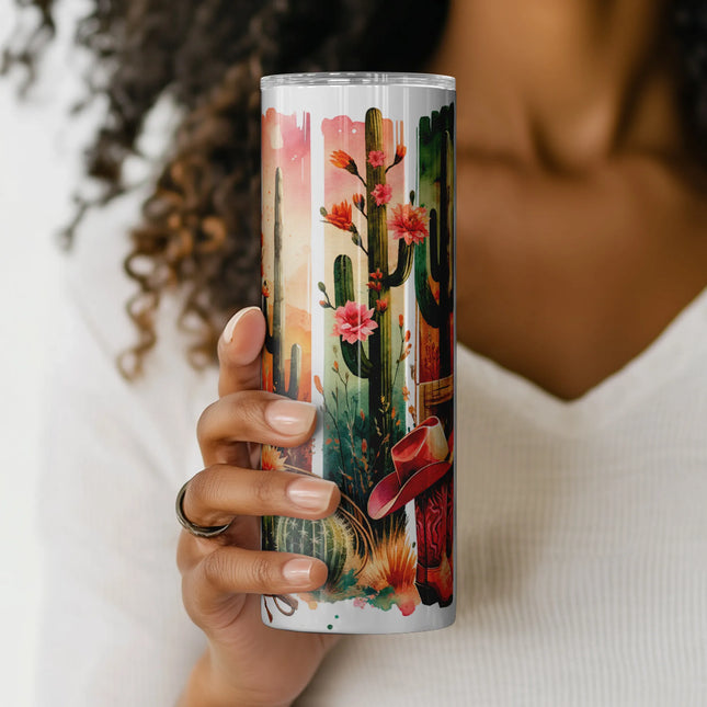 Feminine western tumbler wrap featuring cacti, desert flowers, and vintage cowgirl accessories for 20oz tumblers.