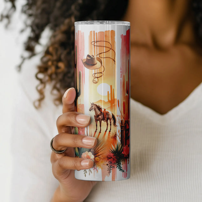 Cowgirl-themed sublimation design with watercolor horse and cactus scene for tumbler wraps and POD creators.