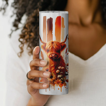cozy autumn Highland cow and sunflower tumbler wrap design for sublimation crafting and fall gift projects