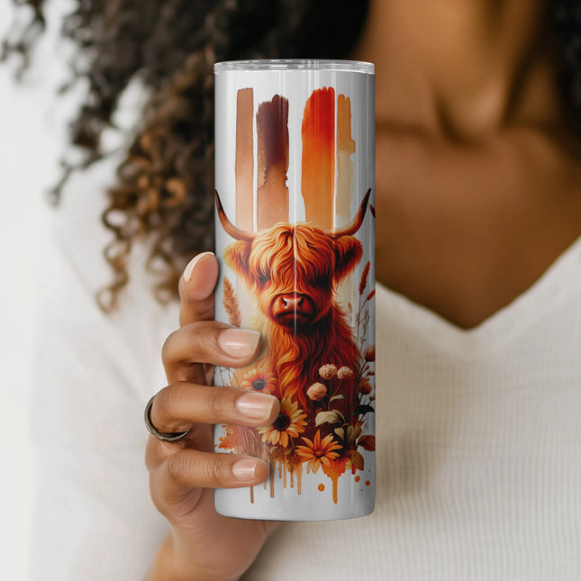 cozy autumn Highland cow and sunflower tumbler wrap design for sublimation crafting and fall gift projects