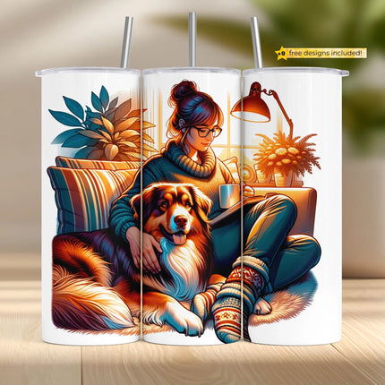 Tumbler wrap PNG with woman reading on couch beside her dog, mug in hand and cozy setting.